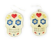 Bling Sugar Skull Earrings Heart Flower Rhinestone Halloween Costume Party Jewelry White