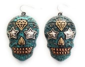 Sugar Skull Earrings Skeleton Star Halloween Costume Party Jewelry Patina Turquoise Blue 2.5 quot