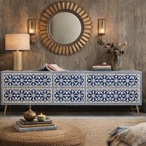 Handmade Bone Inlay Media Console | Blue Geometric TV Stand