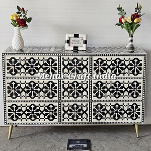 Handmade Bone Inlay Chest of Drawers, 9 Drawers Chest Buffet Dresser, Sideboard Console Cabinet Bone Inlay Furniture Livingroom Furniture