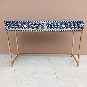 Handmade Wooden Mother Of Pearl 2 Drawer Blue Floral Console table Sidetable Livingroom Entryway Table Study table Bone Inlay Furniture Déco