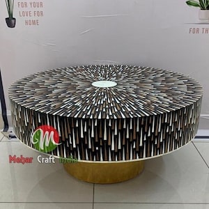 Handmade Bone Inlay Round Coffee Table: Bohemian Center Table
