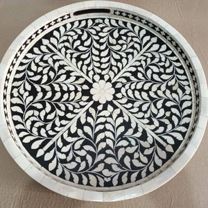 Handmade Bone Inlay Round Tray: Floral Decor Serving Tray