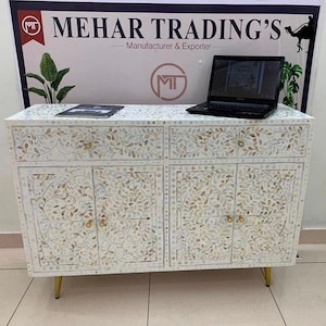 Wooden Mother Of Pearl inlay chest Bone Inlay Buffet Bone Inlay Sideboard White Bone Inlay Cabinet Bone Inlay Furniture, MoP Inlay Décor