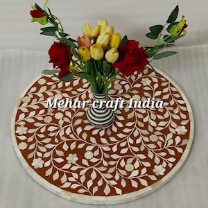 Bone Inlay Round Coffee Table Top: Floral Home Decor