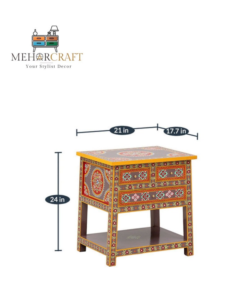 Bedside Table Patterned Solid Wood Hand-printed Bedside Table Hand-painted Nightstand Side ...