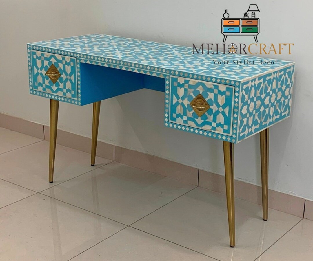 Bone Inlay Desk: Handmade Laptop Table, Bedroom Console Decor - Etsy