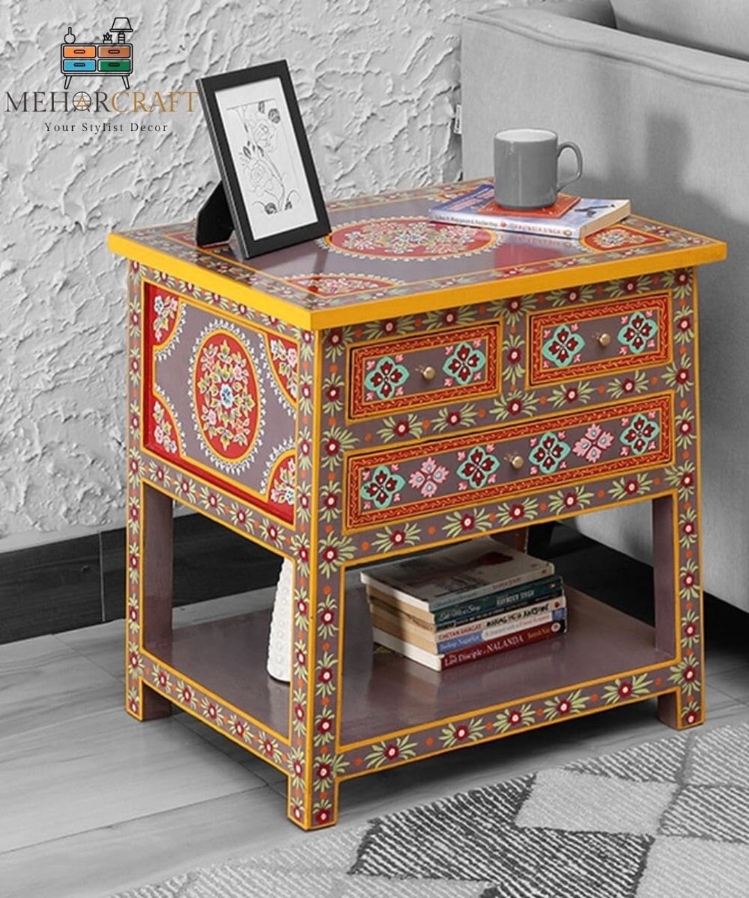 Bedside Table Patterned Solid Wood Hand-printed Bedside Table Hand-painted Nightstand Side ...