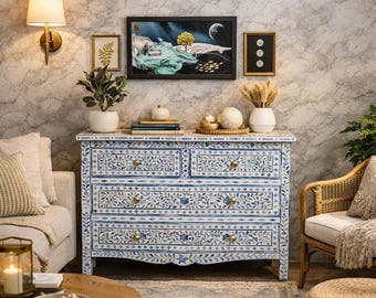 Cómoda con incrustaciones de hueso azul, cómoda india hecha a mano con motivos florales, mueble bohemio de lujo