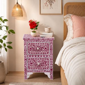 Red Bone Inlay Bedside Table, Floral Nightstand, Handmade Cabinet, Luxury Bedroom Storage image 2
