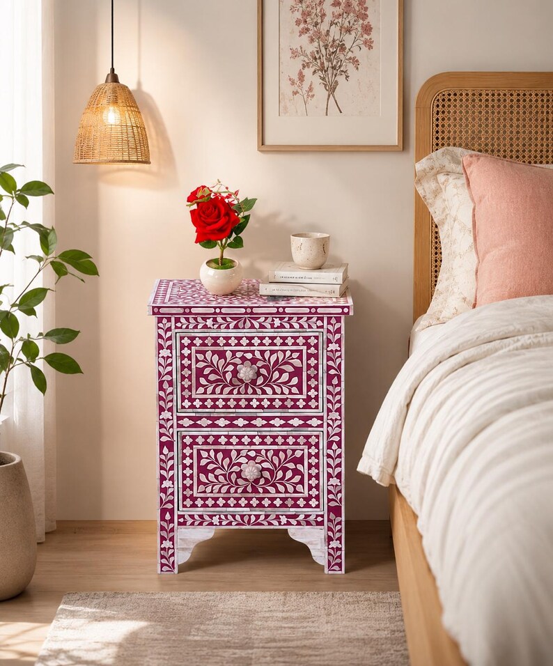 Red Bone Inlay Bedside Table, Floral Nightstand, Handmade Cabinet, Luxury Bedroom Storage image 2