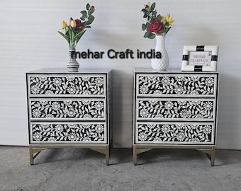 Handmade Bone Inlay Side Table | Black & White Floral Nightstand