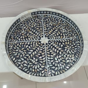 Handmade Mother of Pearl  Inlay Floral Pattern Serving Tray Home Décor Tray Round Tray Bone Inlay Tray Tray Wooden Tray Bone Inlay Furniture