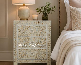 Handmade Mother of Pearl Inlay 3 Drawer Nightstand, Floral Cabinet, Luxury Bedroom Bedside Table