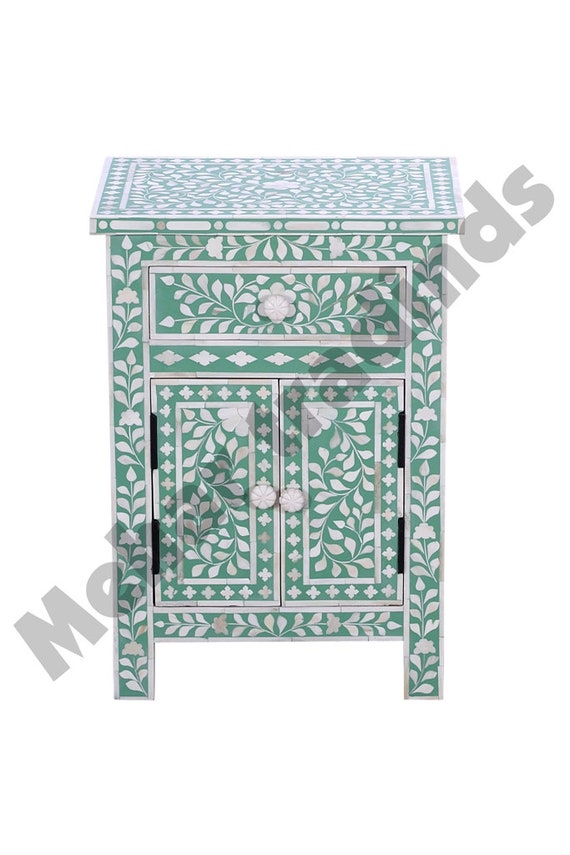 手作りの骨象嵌ナイトスタンド：花柄のベッドサイドテーブル、ホーム