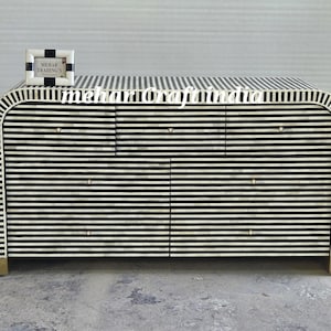 Handmade Bone Inlay 7-Drawer Chest: Black Wooden Dresser