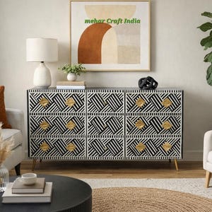 Handmade Bone Inlay Wooden Modern Striped Pattern Sideboard with 9 Drawer Furniture, Bone Inlay Chests, Bone Buffets, Bone Inlay Furniture