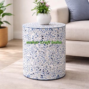 Blue Bone Inlay Round Side Table: Handmade Living Room Decor