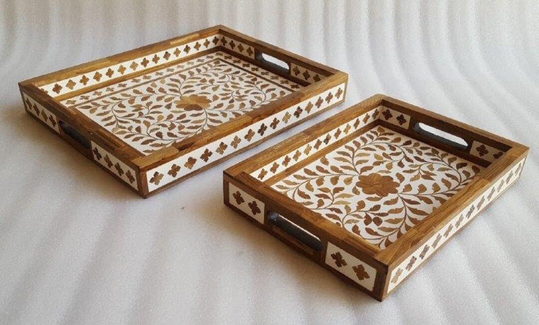 Handmade Teak Wood Inlay Tray Home Decorative Tray Dining Tray Etsy
