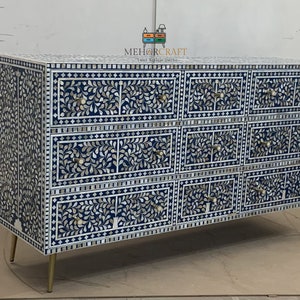 Wood Mother Of Pearl Inlay 9 Drawers Dresser MOP Chest of drawer MOP inlay sideboard Bone Inlay Buffet Sideboard Wooden Bone Inlay furniture