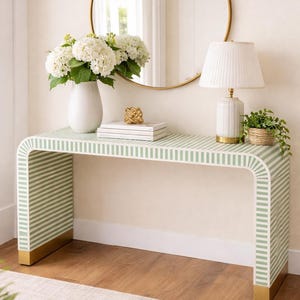 Handmade Green Striped Bone Inlay Console Table | Curved Entryway Decor