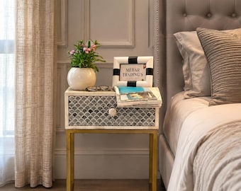 Handmade Bone Inlay Bedside Table, Grey Scallop Nightstand, Brass Gold Legs, Luxury Bedroom Furniture