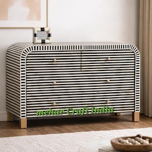 Handmade Bone Inlay Chest of Drawers | Striped Dresser with Brass Knobs