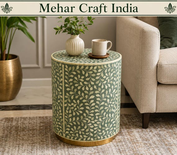 Gray Bone Inlay Round Side Table, Floral Drum Accent Nightstand, Boho Indian Furniture