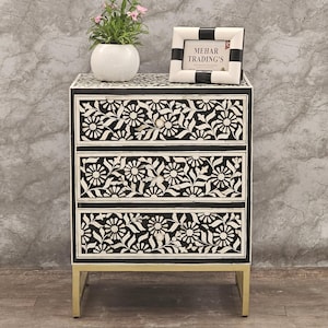 Bone inlay Floral Pattern Bedside table, 3 Drawer Night Chest, Nightstands Handmade furniture bone inlay furniture Home living Décor