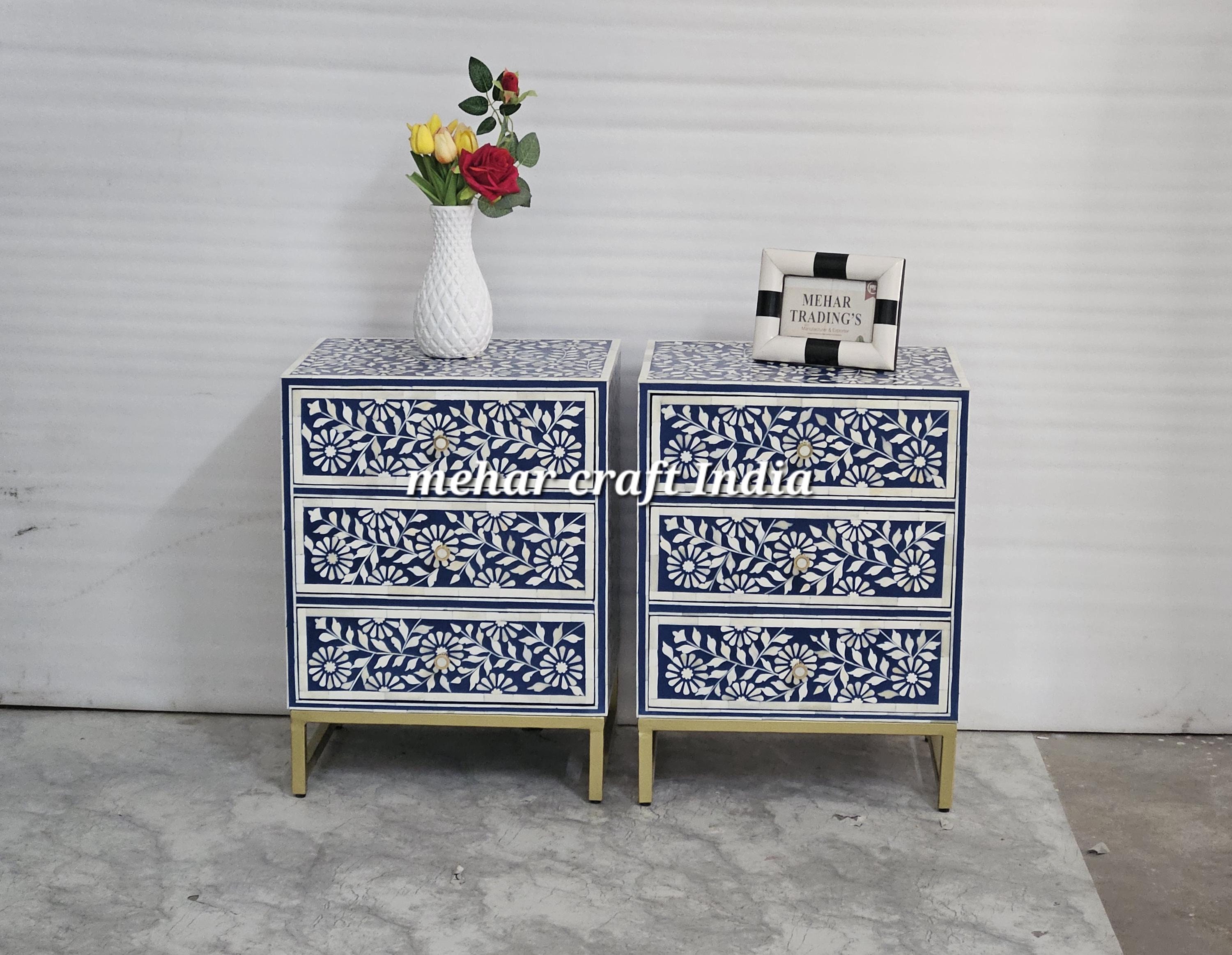 Blue & White Bone Inlay Chest | Handmade Floral Nightstand, Indian ...