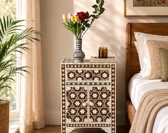 Bone Inlay Nightstand Set, Moroccan Geometric Bedside Tables, Handmade Cabinet, Luxury Bedroom Side Table