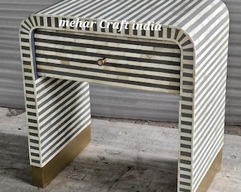 Handmade Bone Inlay Bedside Table: Striped Pattern Nightstand