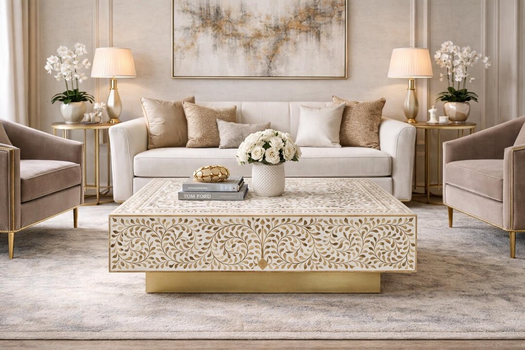 Teak Bone Inlay Coffee Table | Handmade Indian Leaf Pattern Center ...