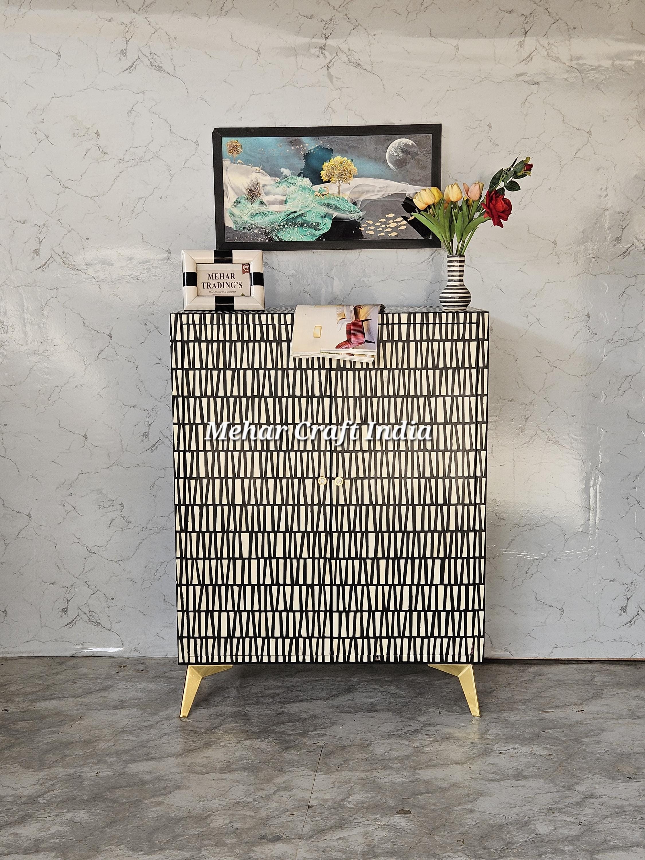 Handmade Bone Inlay Tall Cabinet: Boho Bar Cabinet