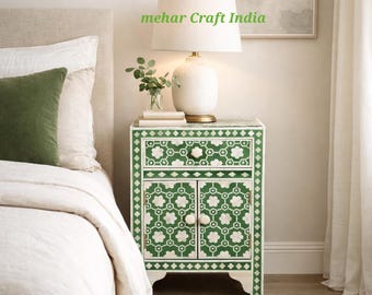 Green Bone Inlay Nightstand, Moroccan Geometric Boho Bedside Cabinet
