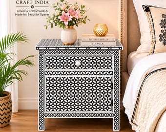 Handmade Bone Inlay Nightstand, Black White Geometric Bedside Table, Indian Luxury Furniture