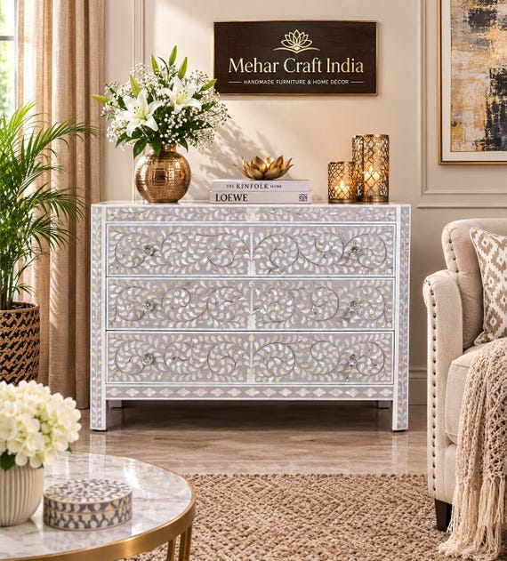 gold inlay dresser Gray Mother of Pearl Chest of Drawers, Floral Vine Pattern Cabinet keepsake