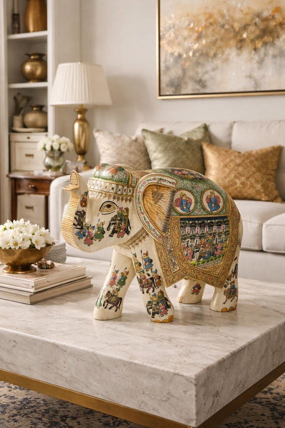 Hand-Painted Bone Elephant Figurine | Mughal Royal Art Decor