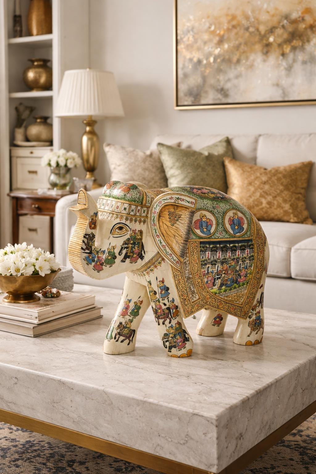 Hand-Painted Bone Elephant Figurine | Mughal Royal Art Decor