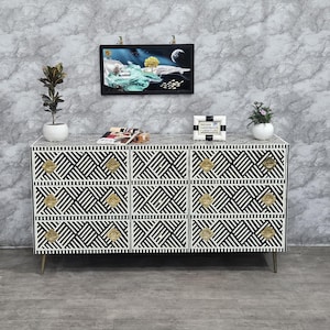Handmade Bone Inlay Dresser: Modern Striped 9-Drawer Console