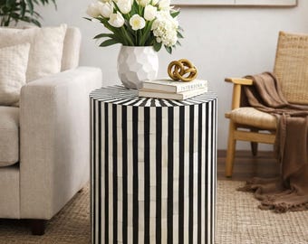 Handmade Bone Inlay Side Table | Black & White Striped Accent Table