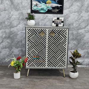 Handmade Bone Inlay Cabinet: Black Geometric Sideboard