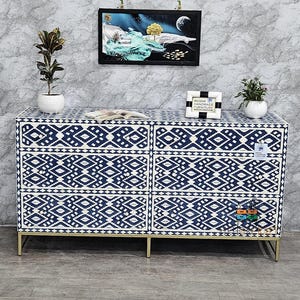Handmade Bone Inlay Chest of Drawers: Geometric Design, 6 Drawers