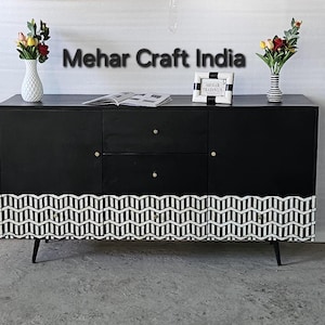 Wood Bone Inlay Sideboard: Black & White Buffet Cabinet