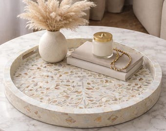 Mother of Pearl Inlay Round Tray, Floral Vine Decorative Serving Ottoman Home Decor