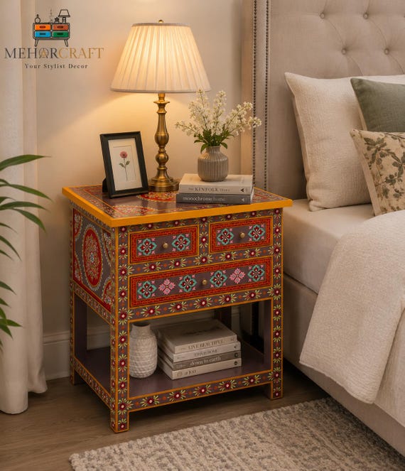 Hand Painted Indian Floral Bedside Table, Boho Nightstand with Drawers