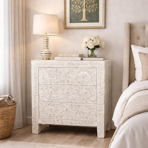 Handmade Mother of Pearl Inlay Bedside Table: Bone Inlay Nightstand