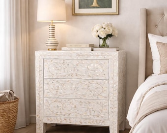 Handmade Mother of Pearl Inlay Bedside Table: Bone Inlay Nightstand