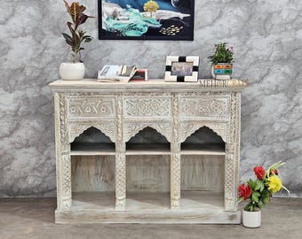 Floral Carved Indian Cabinet: Rustic Grey Boho Console