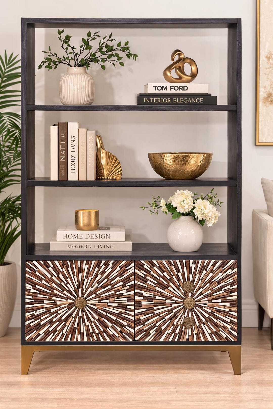 Handmade Bone Inlay Cabinet Bookcase, Sunburst Pattern Display Shelf ...